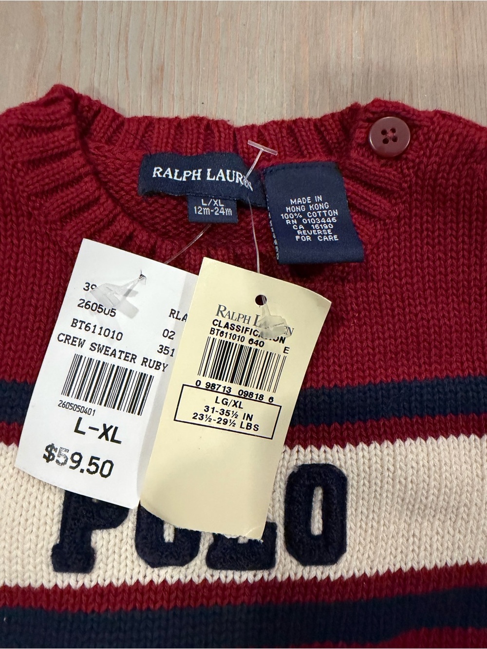 Polo by Ralph Lauren Red Crewneck Sweater with Navy and Cream Stripes - Picture 5 of 5
